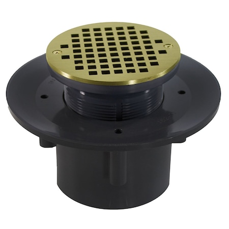 Jones Stephens 4in. Heavy Duty PVC Slab Drain Base with 3-1/2in. Plastic Spud and 6in. Polished Brass Strainer D49539